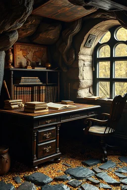 gold mine that transforms into a writing desk, with manuscripts turning to gold similar and make it ultra realistic and hihgly detailed