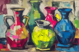 Oil painting of Vases and jugs in the style of frank Auerbach