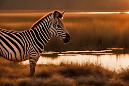 Zebra with blood looking at a lake during sunset
