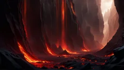 The Valley of the shadow of death. a rift in the cliffs full of burning magma. intensely hot. dark fantasy concept art, exquisite realism, a masterpiece, dynamic lighting, hyperdetailed, intricately detailed, deep color, Unreal Engine, volumetric lighting , Epic cinematic brilliant stunning intricate meticulously detailed dramatic atmospheric maximal,