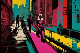 classic painting of a cyberpunk colourful walkway with two people making an exchange in the city with pollution by andy warhol