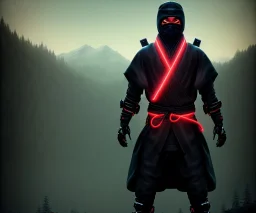 Ninja portrait , black suite, in the night Alps , angels background, volumetric red light, high detail, dark leaf tree, dark mountains in background, perfect, HR Giger style, red lights