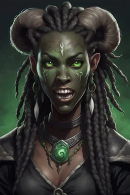 generate a dungeons and dragons character portrait of a female beast-human with black skin, dreadlocks, green piercing eyes, fangs and a thick nose. She is wearing black clothes and has tusks