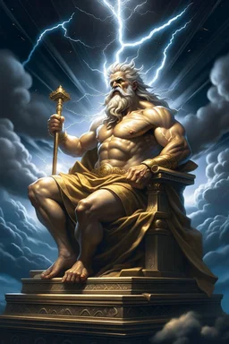 "Behold the majestic figure of Zeus, ruler of the heavens, as he sits upon his throne of clouds, his lightning bolt in hand, ready to strike down any who dare challenge his divine authority."