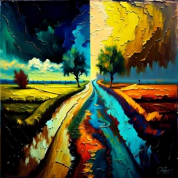 two roads diverged , art, oil colors, cheerfull