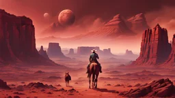 red cloudy sky, planet in the sky, red rocks, mountains, a lone Mexican cowboy ridding horse back down the middle of the frame small compared to the large red cliffs and remanent of giant robots in the ground like a dystopian waste land on mars