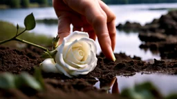 a young woman's hand planted a white rose stem in the ground, in the background a lake, some green trees, ultra detailed, sharp focus, perfect hands, perfect photo