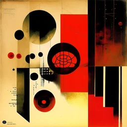 braille regressive overlapping timelines, abstract art vs sci-fi art, by Graham Sutherland and Dave McKean, by Victor Pasmore, mind-bending illustration; album cover art, asymmetric, Braille language glyphs, dark shines geometry, red hues