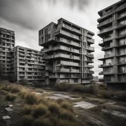 Brutalist flat in the outskirts of a big city, schizophrenic, paranoic, strong texture