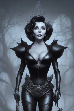 Joan Collins as evil queen in black leather, leather, busty, cleavage, angry, stern look. character design by cory loftis, fenghua zhong, ryohei hase, ismail inceoglu and ruan jia. unreal engine 5, artistic lighting, highly detailed, photorealistic, fantasy