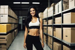 [color photo by Helmut Newton] a young woman standing in a warehouse setting, surrounded by shelves stacked with boxes. She has long, straight black hair and a bright smile, exuding confidence and positivity. She is wearing a fitted black crop top with a logo on it and high-waisted white leggings that have a sporty design. The background is slightly blurred, focusing attention on her, and the lighting is bright, creating a lively atmosphere.