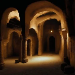 in an dark underground city with pueblo, greek, and islamic architecture
