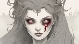 comic style, In the pallid moonlight, a peculiar girl appears - a vampire, her skin a haunting shade of spectral grey, as if she herself were wrought from the lonely heart of a forsaken moon. Cruel rubies are set into her eyes, glowing with ominous liveliness against her lifeless pallor. Blood, a sinister accompaniment to her form, the colour of garnet, seems to drip off her like a macabre jewel, casting a chilling aura of dangerous enchantment about her.