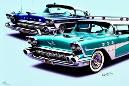 a true-to-life 1957 buick century caballero wagon, centered, intricate, extreme detailed, photorealism, center view, city background, pivot on buick, pen and color marker painting by cheryl kelley