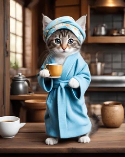 A cute playful kitten with a pretty smiling face and eyes, wears a dressing gown and has a turban on her head. She stands on a chair in a rustic kitchen and holds a cup of coffee. Realistic photography, intricate details, playful image