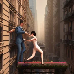 a man pushing a woman over a balcony, downtown new york, dramatic, dramatic lighting, volumetric lighting, hyperrealism, 8k, high quality, photorealistic, lot of details