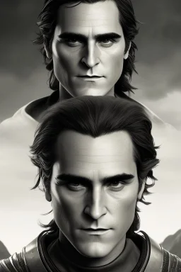 A portrait of Joaquin Phoenix in his early 30s, long beachy haircut, black hair, on a rocky island, in ebony armor from Skyrim, melancholic and dangerous facial expression, half-smiling