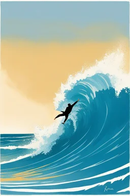 [surf illustration by rené gruau] À l’aube, je me lève, Vers La Piste, la planche sous le bras, Sur la vague, je me lève aussi, Une, deux, trois fois, je vole.
