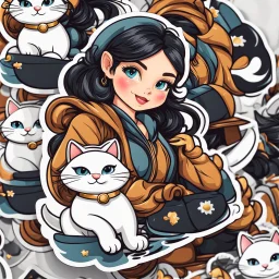 very beautiful sticker like realistic cartoon girl with cat