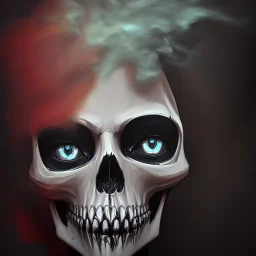 abstract photo camera and skull shape. Smoke in atmosphere. Dark mood. Dripping paint. oil on canvas, mixed media, high detailed.