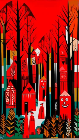 A red forest with tribal huts painted by Stuart Davis