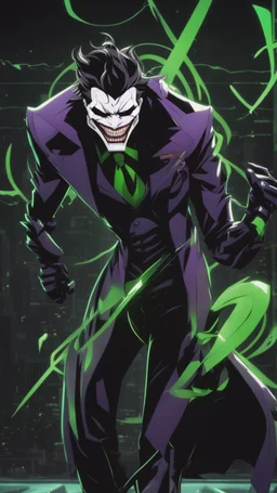 A close picture to Mix between the joker and venom symbiote in solo leveling shadow art style with neon green details