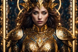 8k, RAW photo, highest quality), hyperrealistic, intricate abstract, intricate artwork, abstract style, mesmerizing portrait of a woman with golden armor, delicate diamond patterns, armor from another world, insanely detailed features, reflecting lights, glimmering lights, dark elements, shiny, bioluminescence, non-representational, colors and shapes, expression of feelings, imaginative, highly detailed, extremely high-resolution details, photographic, realism pushed to extreme, fine texture, 4k