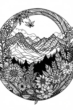 circle with moutains and flowers idea, line art, background, vector, svg, black outline on white background, leave plenty of white space beetween lines for coloring, tattoo style, tattoo idea,full body, minimalist