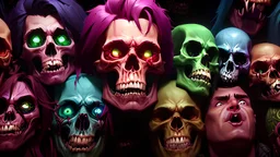 a picture of a dark, comedic, anatomically correct wall of colorful tightly packed skulls of varying sizes and expressions, photo realistic, insanely meticulous, highly detailed, part of a collection of bones on display, 64k, dystopian, vray