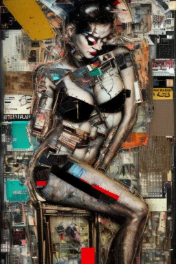 Ultra detailed medium portrait painting of a half naked woman sitting on a chair, no nudity, bended over, dark room with little light coming from an open door behind her, torn up collage of clippings, broken circuitry background, matrix effects, punk visual art, punk art aesthetic, graffiti art, pop surrealism, collage art, cluttered paint glitches