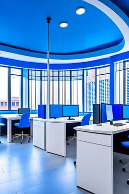 The office desks are hung on the walls in an oval shape, and the color of the walls is blue and the floor is white