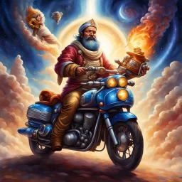 Kebab Man mounted his holy motorcycle, the engine roaring to life with divine power. With a final glance at the celestial realms, he sped down to Earth from heaven, ready to begin his quest.