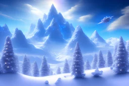 a snow fairy mountain landscape with magic forest and in the corner of the sky there is a big flayng saucer spaceship with lights in