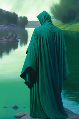 A man standing by the river, wearing a green robe with his hands cut off, a blue color