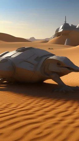 A zoom 3/2 view of Scorpion with a realistic background photo of a landscape covered in sands that looks futuristic with futuristic lighting , a caravan in the heat of the desert from the “Breaking Bad” episodes