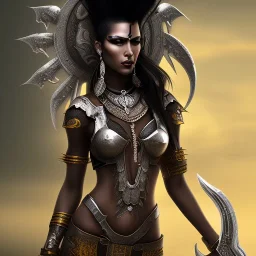 fantasy setting, woman, dark-skinned, middle-east, one-sided mohawk haircut