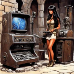 [art by Ray Harryhausen] a youthful Caroline Munro cautiously approaches the weathered and worn console, the most clever ordinateur in the universe. The once gleaming machine now bears the marks of time, covered in a layer of rust and dust that speaks of ages past. Despite its aged appearance, the user is granted access to a realm of knowledge and possibilities beyond her wildest dreams. The power and intelligence contained within this ancient ordinateur are shrouded in mystery, its mechanisms