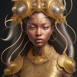 Sango fantasy, fantasy magic, intricate, sharp focus, illustration, highly detailed, digital painting, concept art, matte, art germ and Paul Lewin and Kehinde Wiley, masterpiece silver elephant head bronze Buddha Asian African girl nice breast Hawaiian hair turquoise golden waves