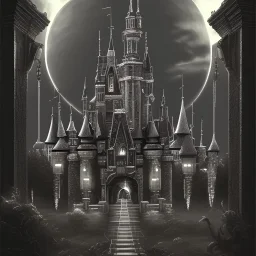 black menacing castle at night