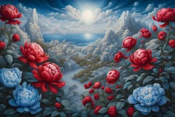 Striking white and blue landscape with red peonies. extreme details (Original prompt and modifiers by OksanaKolbasa) Modifiers: fantasy intricate 8k cinematic lighting very attractive beautiful award winning fantastic view ultra detailed high definition crisp quality Michelangelo acrylic art intricate details Jacek Yerka Rubens