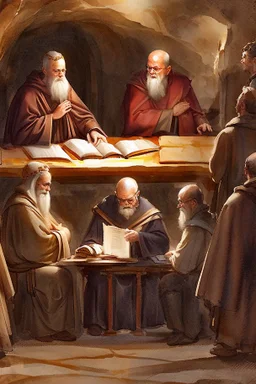 Several Christian priests of the 1st century AD are sitting in a cave and actively arguing and gesticulating, each holding a scroll of Ancient Scripture, many ancient scrolls are lying on a wooden table in front of them, everything is written in watercolor in high resolution, in 8k.