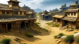 ancient, fantasy, chinese town, dune, crater, sand strom, destroyed chinese houses