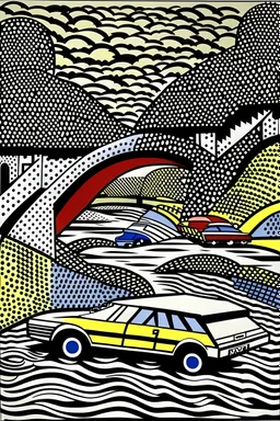 A village with cars and a bridge painted by Roy Lichtenstein