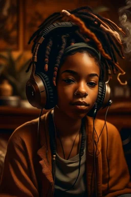 earthy black young woman listening to music with headphones, soul, peace, majestic, earthy colours, at peace, happy, incense, jewels, bands, natural, old school headphones, sensual eyes