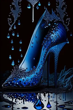 dark fantasy, intricate cover, a whimsical fairytale, high-heeled shoe made of blue glass with drops of blood underneath