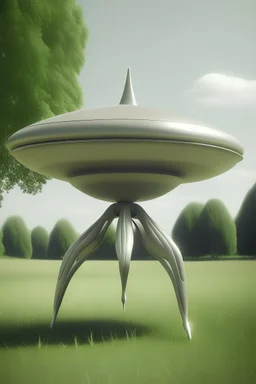 a flying saucer that has legs attached to it that look like dog legs