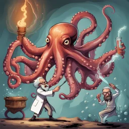 Biblical mad scientist battles biblical octopus