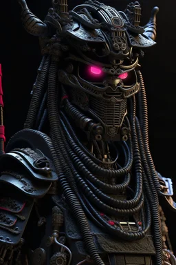 Fully armored cyberpunk samurai, photorealistic
