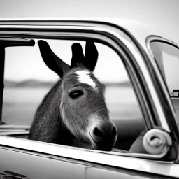 Portrait of a donkey in car, 64K --v 3