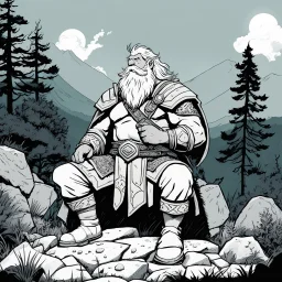 [comics Head Lopper style by Andrew MacLean] The short dwarf healer, known for his ancient wisdom and mystical abilities, sits cross-legged at the summit of the sacred hill. Before him, on a flat stone, he arranges his medicines: mosses, powders, and leaves gathered from the depths of the forest. These are not just remedies but conduits to the ancient secrets of his people, passed down through generations and held deep within his soul. With a reverence born of centuries-old tradition, the dwarf